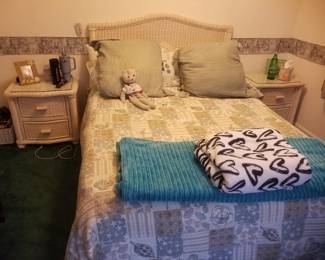 White wicker queen bedroom suite; queen bed; matching nightstands
