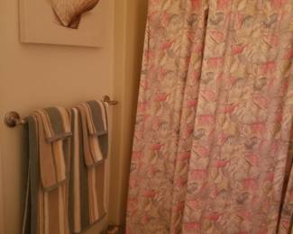 Bath towels; shell art; shower curtain
