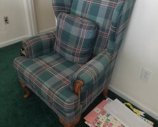 Plaid wingback arm chair matches sleeper sofa