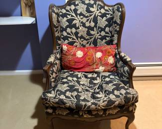 Vintage French Provincial Wingback Chair With Ornate Carved Wood Trim