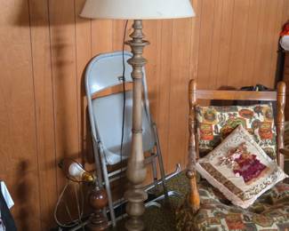 Turned wood floor lamp