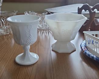 Milk Glass Grape Pattern Goblet and Bowl