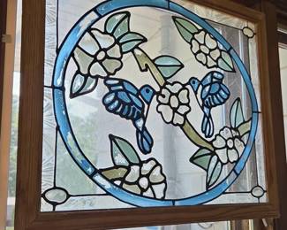 Stained Glass Bluebirds and Flowers Panel