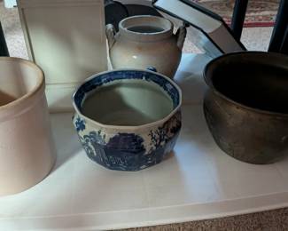 Salt Glaze Crock - Victoria Ware Ironstone Flow Blue - Brass Spitoon