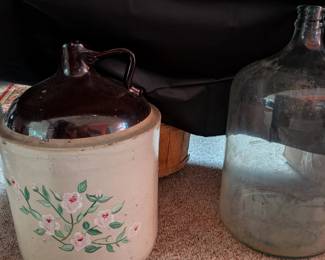 Vintage Painted 5 Gallon Crock Jug & 5 gallon Water Glass Jug
