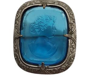 1960s Aqua Blue Glass Cameo Carved Ornate