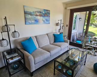 3 metal black Lamps, glass tables Sofa