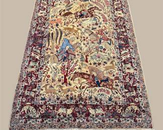 Decorative pictorial rug featuring an intricate scene and rich traditional colors.