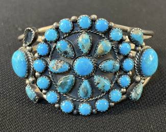 Sterling Silver Cluster Turquoise Cuff Bracelet, Marked Sterling And "M"
