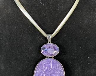  Floral Carved Stone With Oval Stone, Marked AKR (Amy Kahn Russell) China, Set In Sterling Silver On Herringbone Sterling Silver 27" Chain