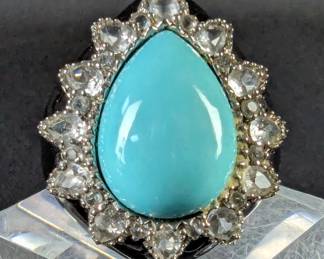 Sterling Silver, Stabilized Turquoise, White Topaz Gemstone, And Enamel Ring, Size 8