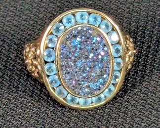14K Gold Druzy And Swiss Blue Topaz Ring, Sz 7