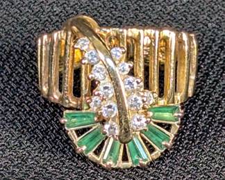 14K Gold Natural Emerald And Diamond Spinner Ring, Circa 1970's, Sz 6 