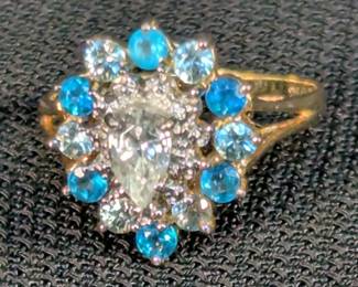 14K Gold Pear Shaped Lab Created Diamond With Swiss Blue Topaz And Apatite Faceted Stones, Sz 7 