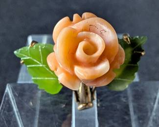 14K Gold, Coral, And Nephrite Carved Rose Ring, Size 5 
