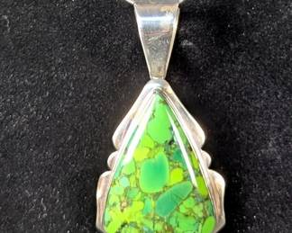 Jay King Green Copper Turquoise Teardrop Sterling Silver Pendant With Scalloped Edge, Approx 2", On 20" Snake Chain
