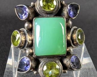 Nicky Butler Limited Edition Sterling Silver, Green Chalcedony, And Peridot, And Amethyst Gemstone Ring, #456/3400, Artist Marked "NB", Size 7