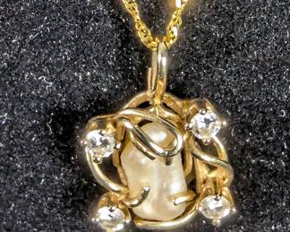 14K Gold Baroque Pendant With Fresh Water Pearl And Diamonds On 18" 14K Gold Chain 