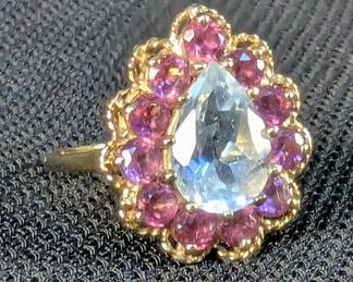 10K Gold MEI Blue Topaz With Pink Rhodolite Stones, Sz 6.5