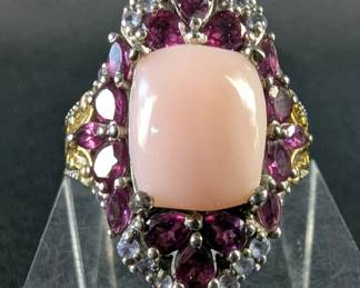 Sterling Silver, Pink Chalcedony, And Garnet And Light Tanzanite Gemstone Ring, Marked "STS", Size 7 