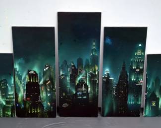 Canvas Polyptych Prints Of Rapture City Skyline From Bioshock Video Game, 19.5" x 11.75", 27.5" x 11.75 Qty 2, And 31.5" x 11.75 Qty 2, Total Qty 5