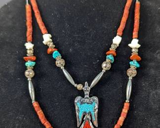 Southwest Style Double Strand Turquoise And Coral Necklace With Bird Pendant