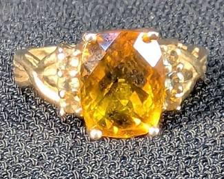 0K Gold Cushion Cut Clyde Duneier Citrine With Accent Stones Ring, Marked CID, Sz 6