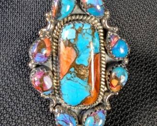 Southwest Style Oyster Copper Turquoise Sterling Silver Adjustable Statement Ring, Sz 9