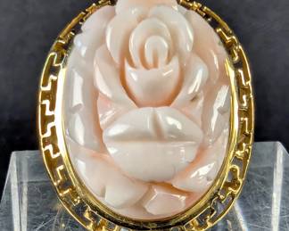 14K Gold And Carved Rose Quartz Rose Ring, Size 6 