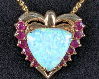 10K Gold, White Opal, And Rhodolite Gemstone Heart Necklace, 18.5" Chain 