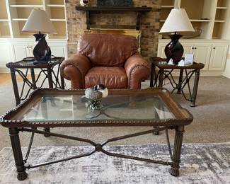 Awesome heavy wrought iron/wood and glass coffee table