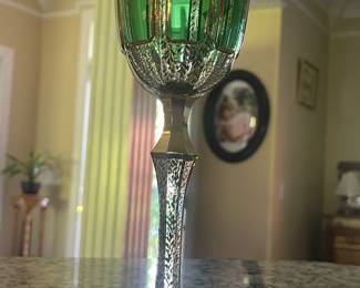 Vintage Moser Gold Cabochon Paneled wine Glass- emerald