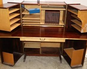 Mid-Century Modern "Magic Box" Folding Secretary Desk With Rosewood Finish & Built-in Light.