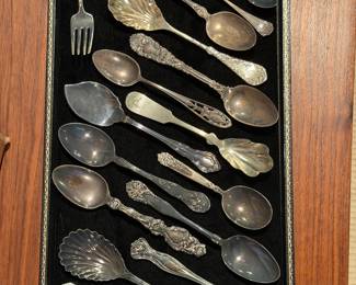 318  Sterling Silver, Silver Plate  White Metal Spoon Collection with Display