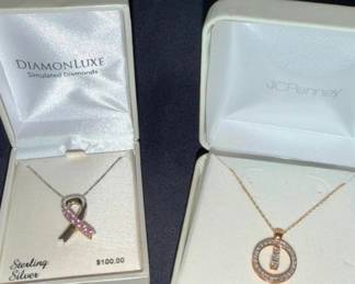 350  Gold Diamond  Sterling Silver Pink Ribbon Necklace Pair with Tags