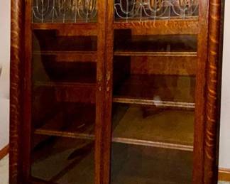 404  Antique Arts  Crafts Mission Oak Leaded Glass 2 Door Bookcase with Key