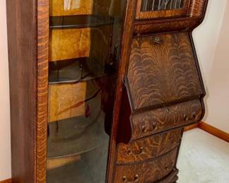 120  Antique Quarter Sawn Tiger Oak Secretary Desk with Bow Front Curio Cabinet  Caned Chair