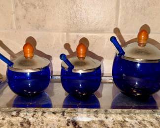 112  Revere Art Deco Cobalt Blue Glass Condiment Set with Bakelite Knobs Chrome Tray  Spoons