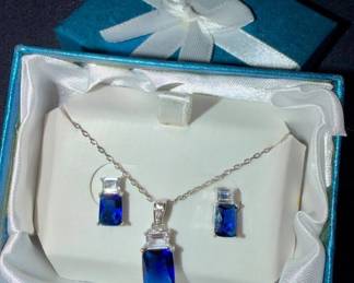 200  Sterling Silver LC Sapphire Pendant Necklace  Earrings Set Unused with Tags