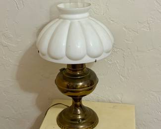 Electrified Antique Brass Hurricane Lamp With Milk Glass Shade
