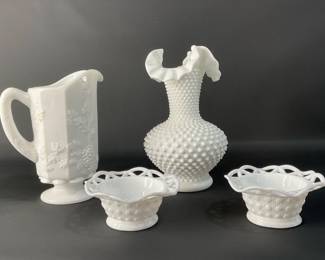 Vintage Hobnail Milk Glass Vase, Westmoreland Milk Glass Vase & Imperial Glass Candy Bowls