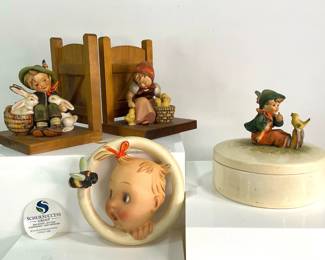 Vintage Hummel Wall Hanging, Porcelain Jewelry Dish & Hummel Bookends
