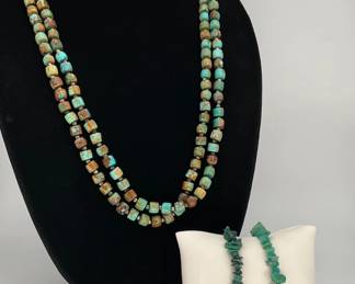 Turquoise Beaded Necklace with Malachite and Amazonite Chip Bracelets