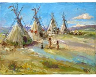 Signed Nadine Leo 2007 Teepees Oil on Canvas