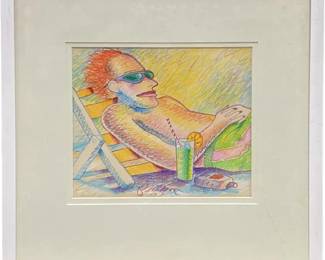 Signed Colored Pencil On Paper Beach Lounging