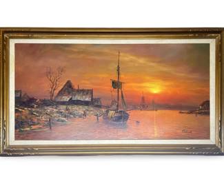 Signed Rossini Dockside Landscape Oil on Canvas