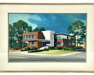 Unique Modern Home Landscape Oil on Board