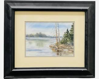 Signed Green Framed Watercolor on Paper
