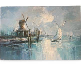 Signed Peter Vintage Windmill Seascape Oil on