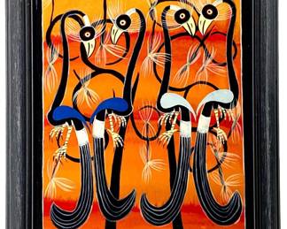 Signed Justin Mixed Media Long Tail Birds Painting